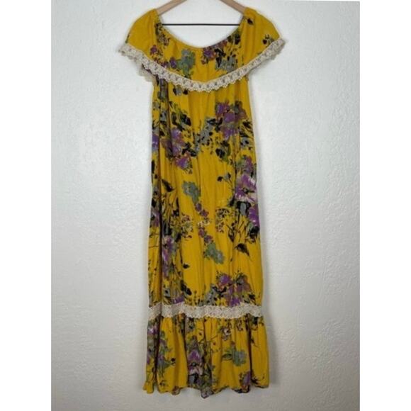 Umgee Yellow Floral Off-Shoulder Boho Maxi Dress Size Small - Picture 1 of 3